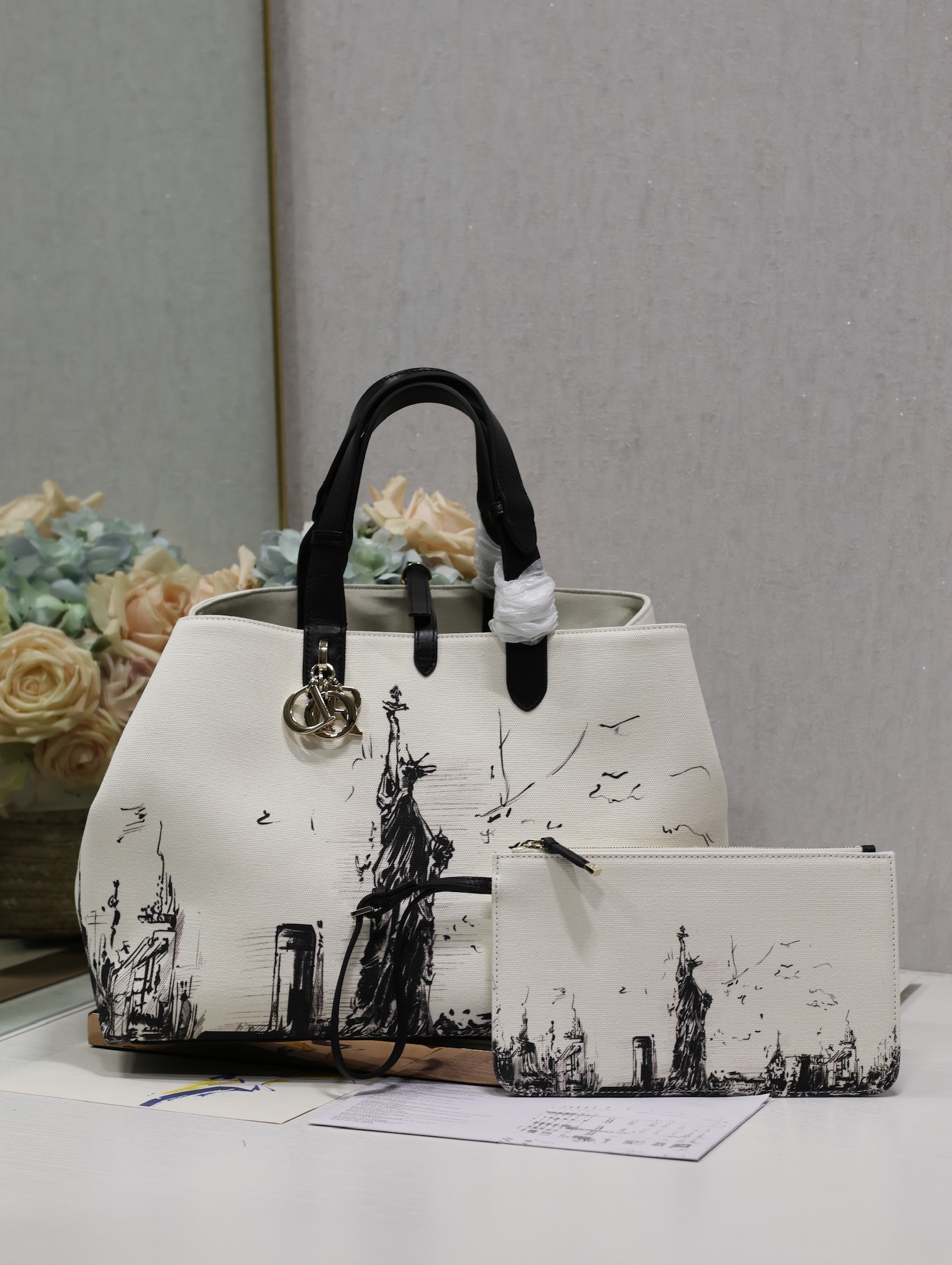 Large Dior Toujours Bag Latte and Black Canvas with New York Print